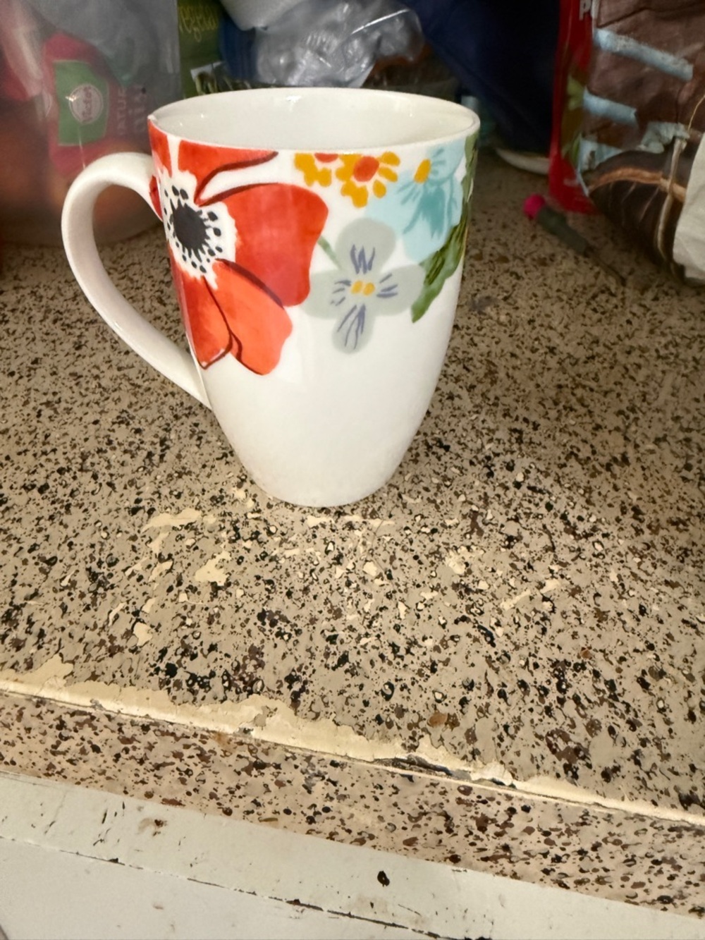 Food Network Floral Ceramic Coffee Mug with Red Poppy Accent